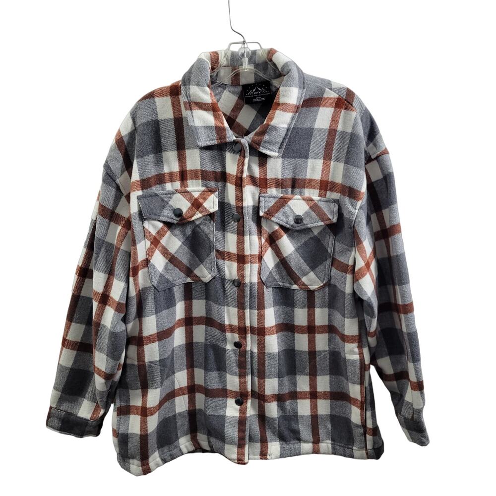 HFX Women's Fleece Gray & Brown Plaid Shacket Size M 12124-0632